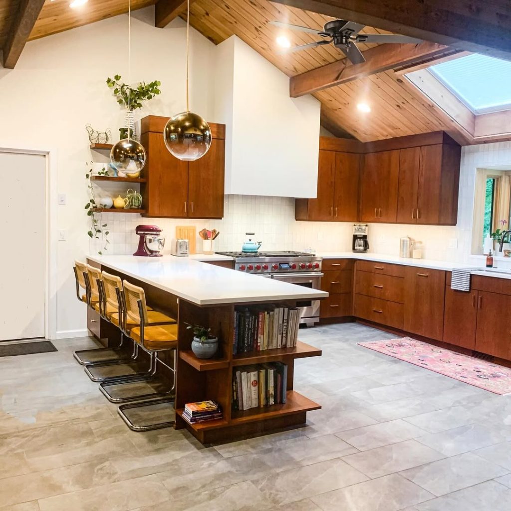 Rustic kitchen with wooden beams and modern walnut cabinets