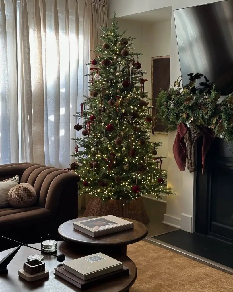 Modern living room with burgundy Christmas tree decorations
