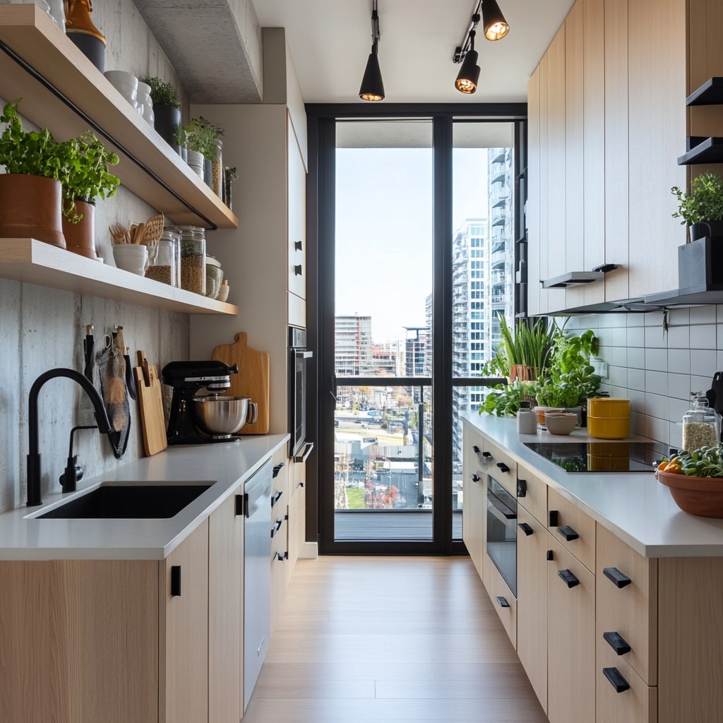 Urban galley kitchen with herbs, city views, and natural lighting