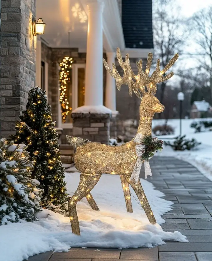 Lighted reindeer decoration in snowy yard