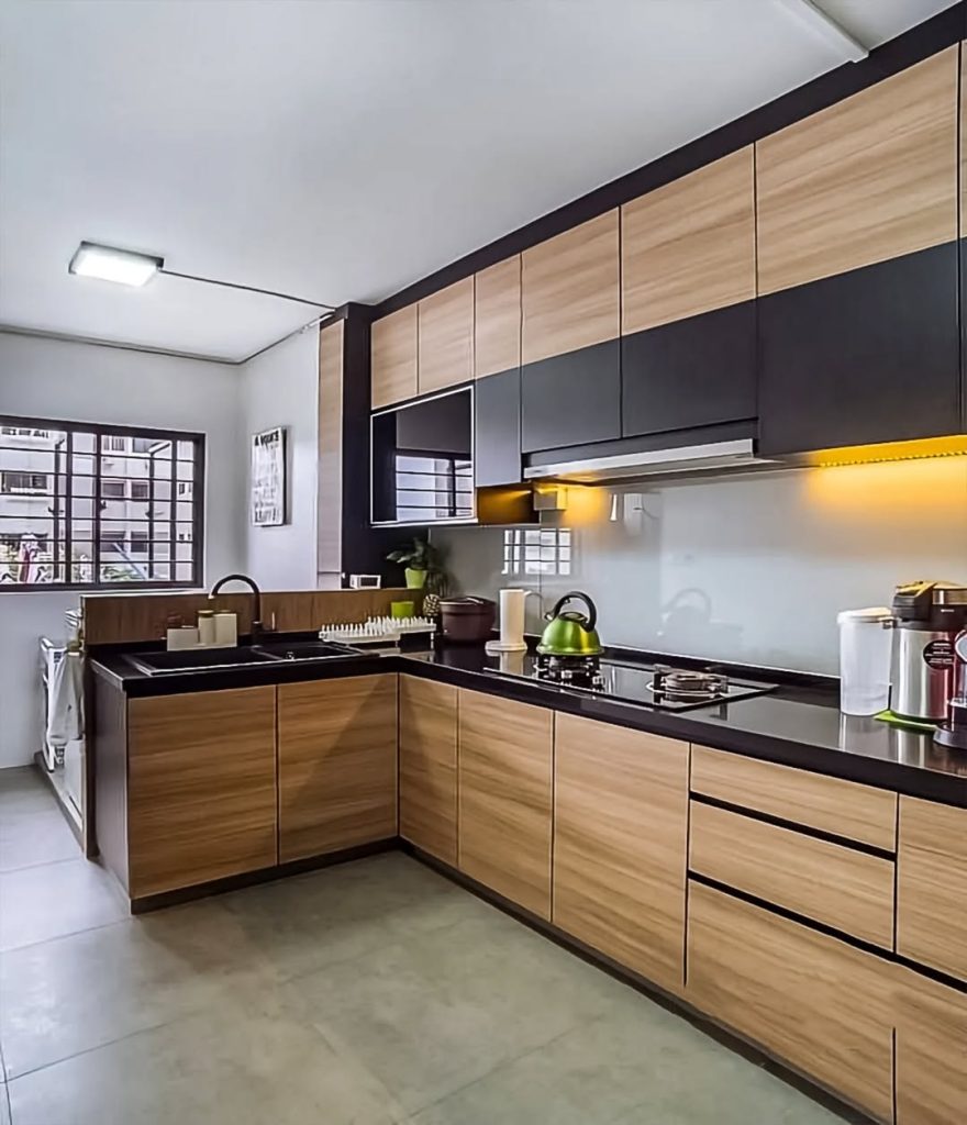 Modern kitchen with wood and black two-tone cabinet design