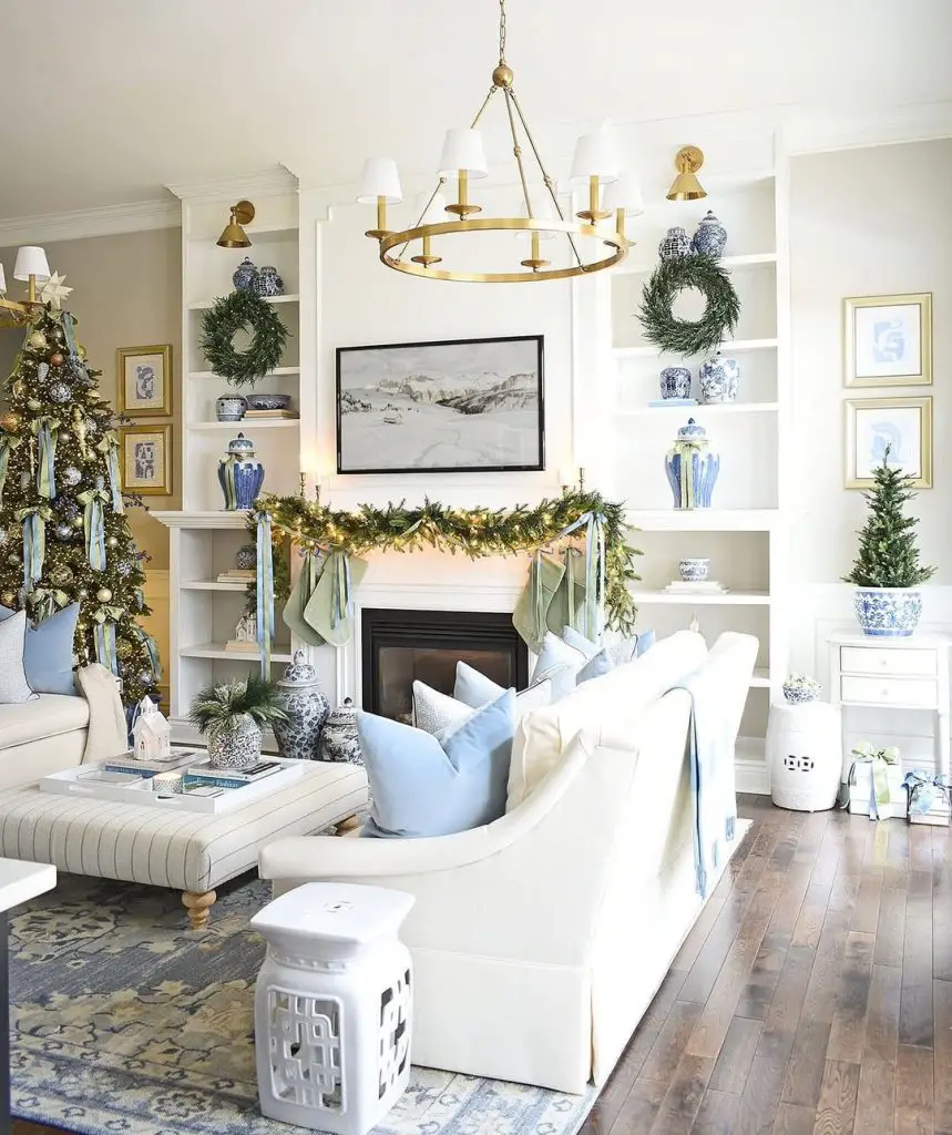 Elegant blue and white Christmas living room decor