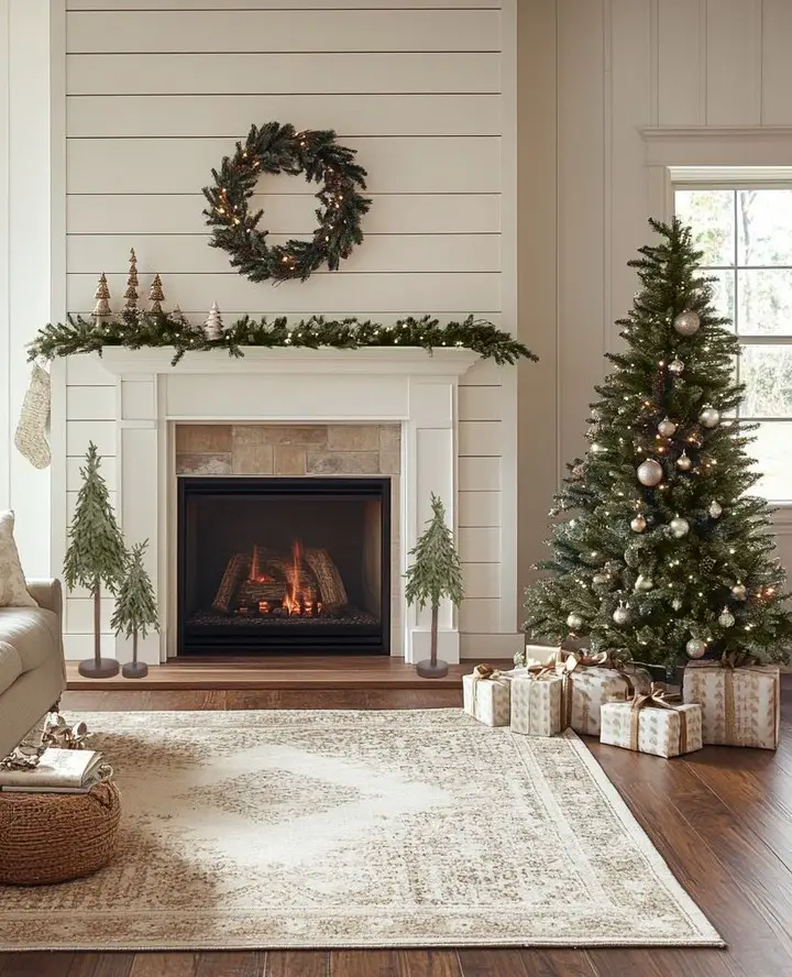 Shiplap Christmas living room with fireplace tree