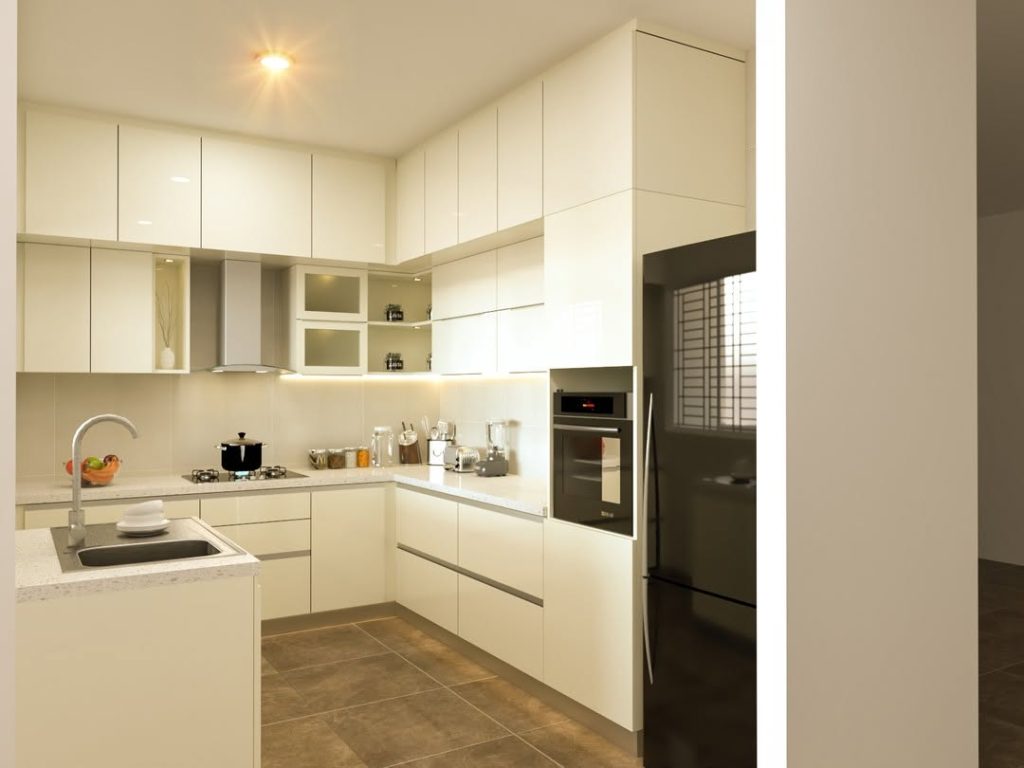 White contemporary kitchen with floor-to-ceiling storage cabinets