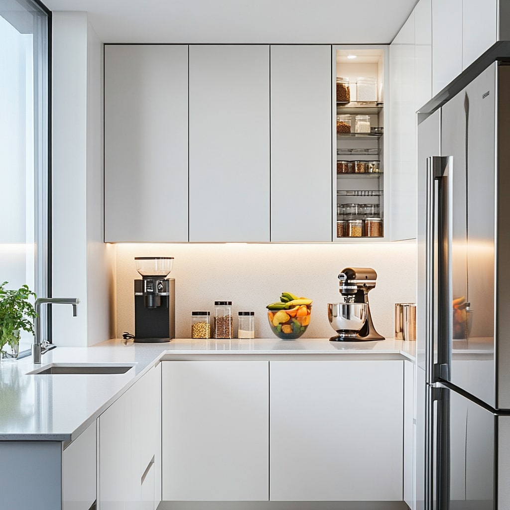 White kitchen with hidden pantry pullout and organized storage solutions