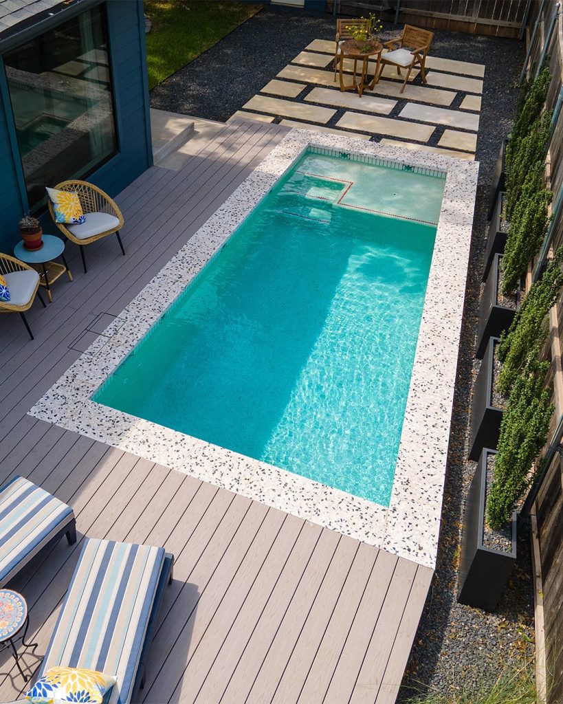Rectangular pool with terrazzo coping viewed from above