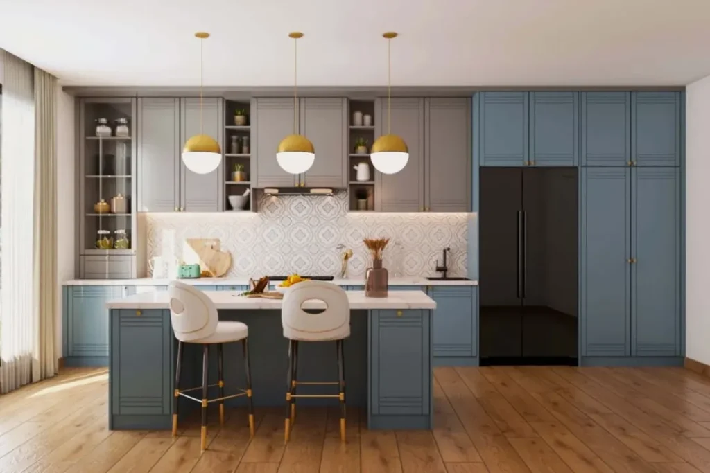 Blue and gray kitchen with patterned backsplash and brass fixtures