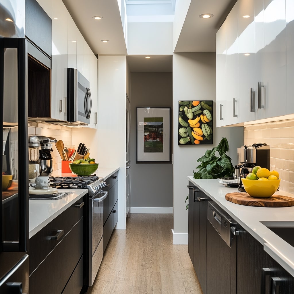 Galley kitchen with skylights, two-tone cabinets, and colorful accents