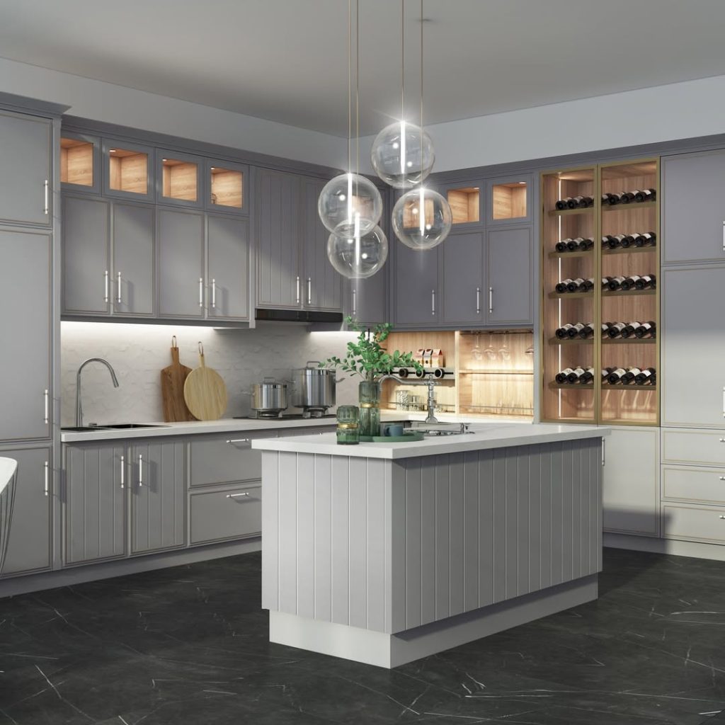 Luxury gray kitchen with glass cabinets and wine storage