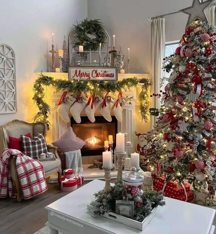 Traditional Christmas living room with red white decorations