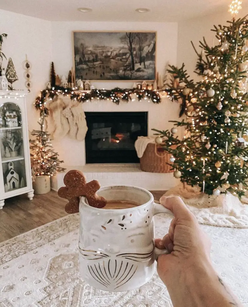 Cozy Christmas living room with tree and fireplace