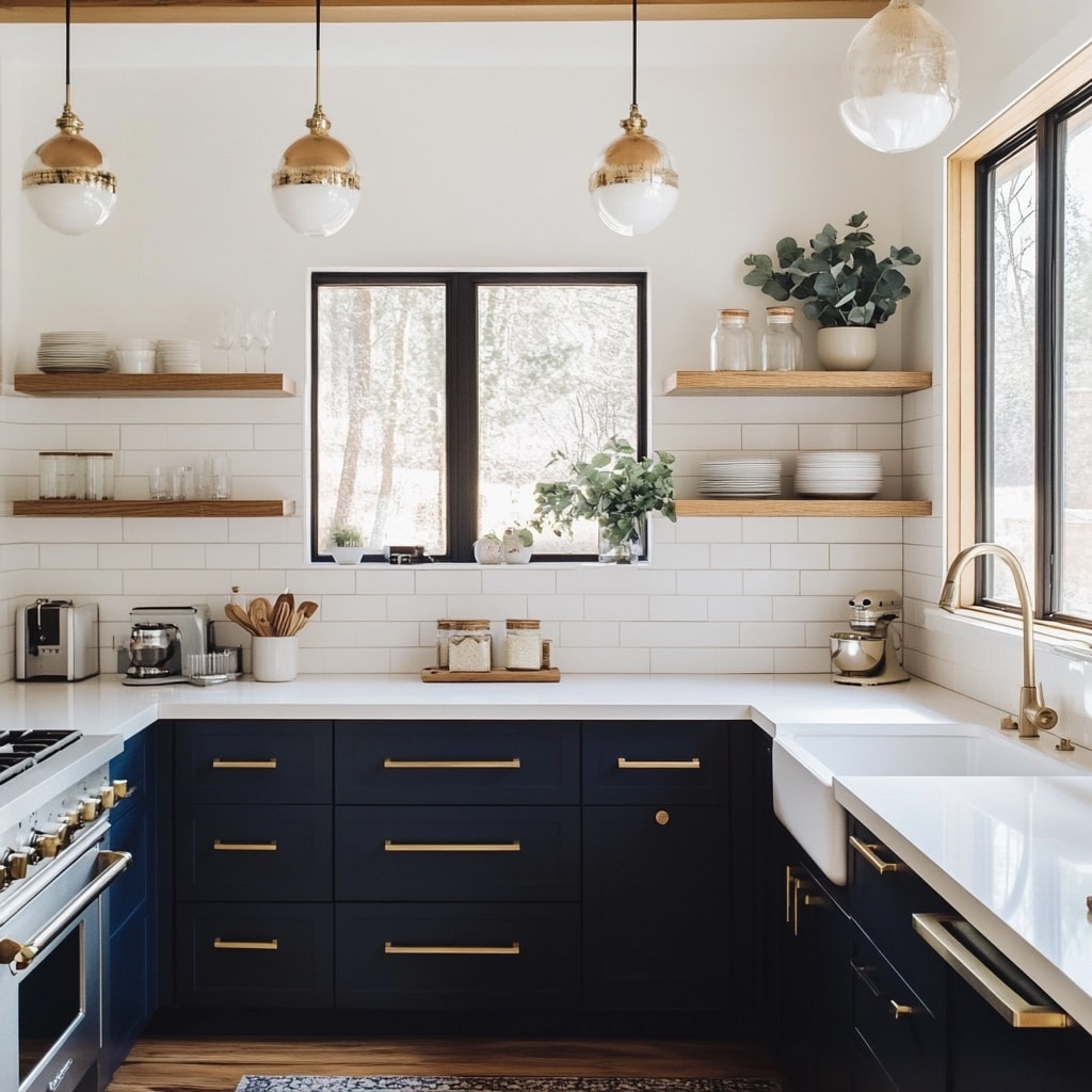 Navy kitchen with brass hardware, white subway tiles, and pendant lighting