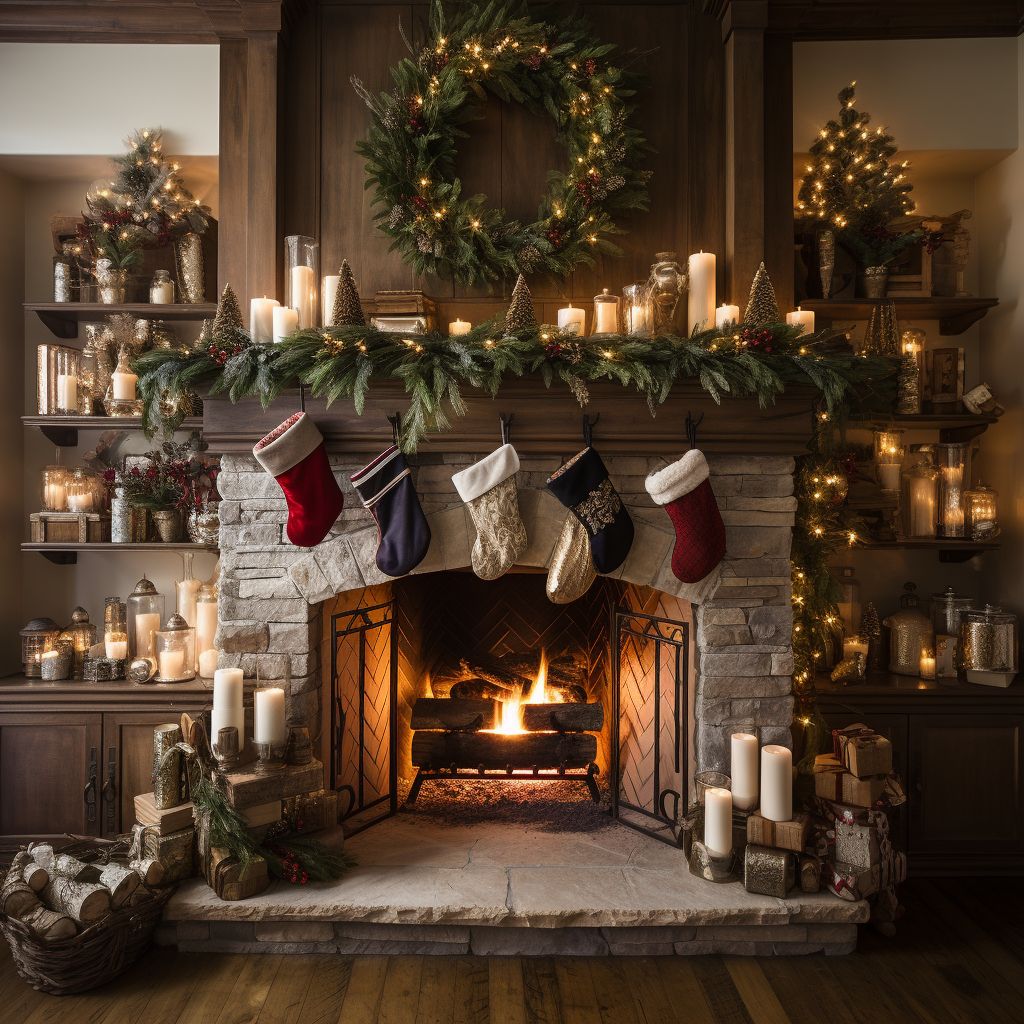 Rustic fireplace with many candles stockings garland and warm holiday lighting