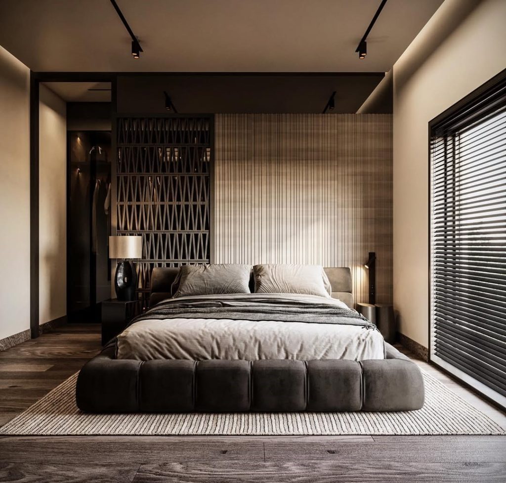 Bedroom with wood accent wall and built-in storage solutions