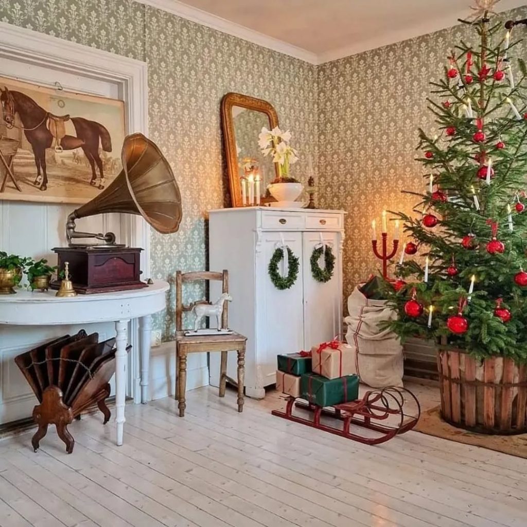 Vintage room with Christmas tree and antique gramophone