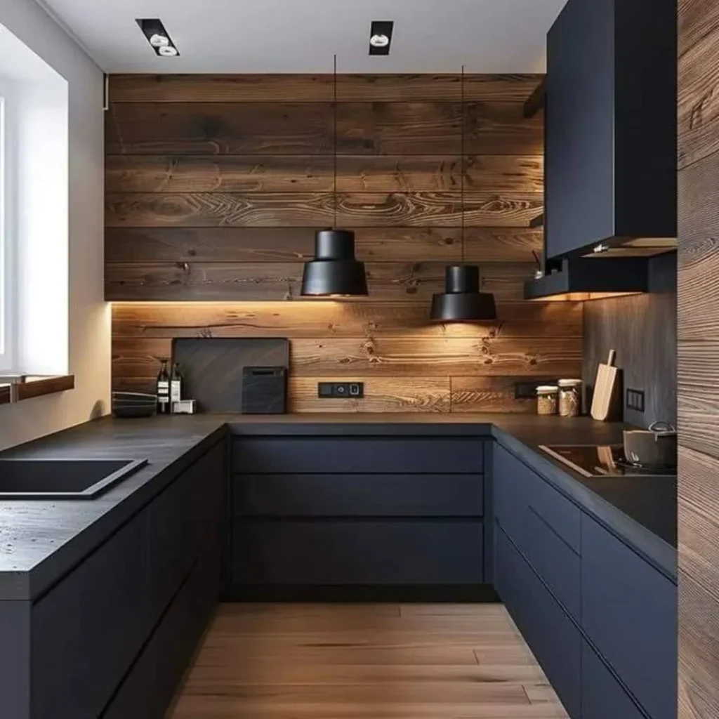 Dark blue kitchen cabinets with wood accent wall and pendant lights