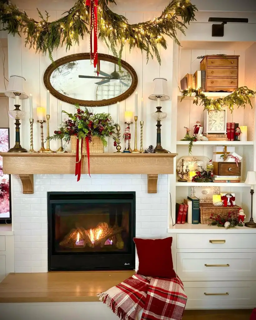 White fireplace with Christmas mantel and built-in shelving
