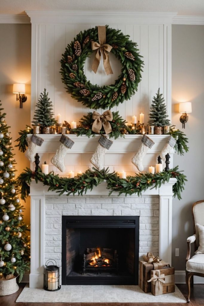 Elegant white fireplace with fresh garland pinecones stockings and natural decorations