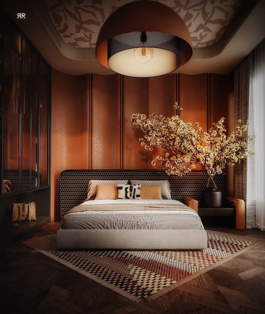 Copper-toned bedroom with circular ceiling and perforated headboard