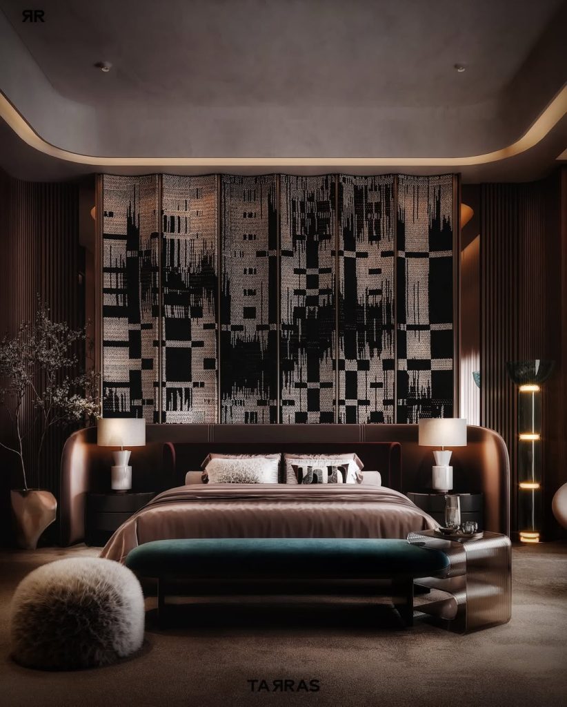 Luxury bedroom with geometric art panels and curved ceiling