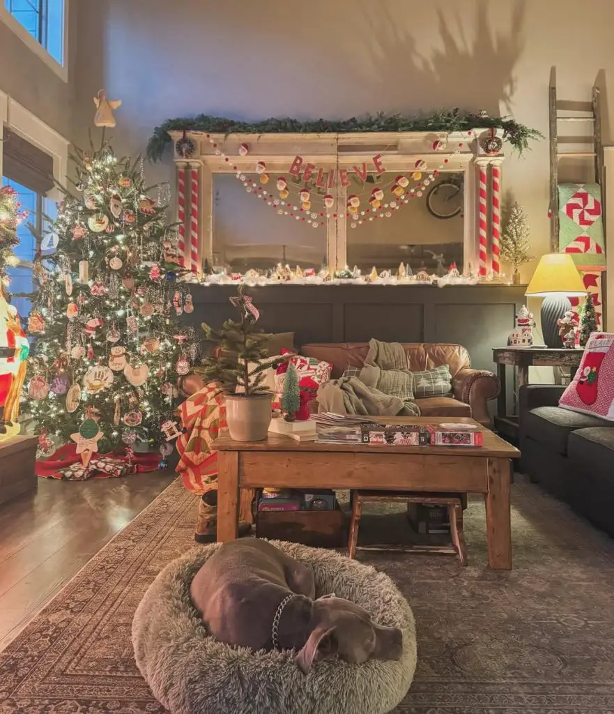 Cozy Christmas living room with decorated tree and sleeping dog