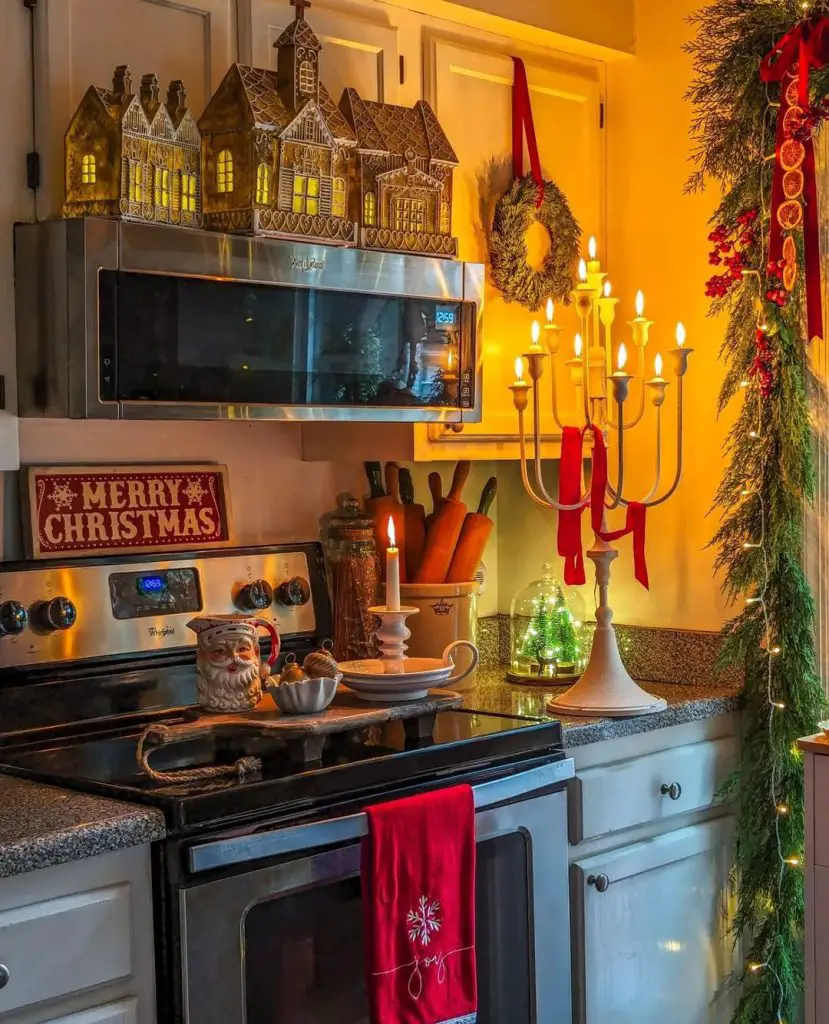 Christmas kitchen with gingerbread houses and holiday decorations