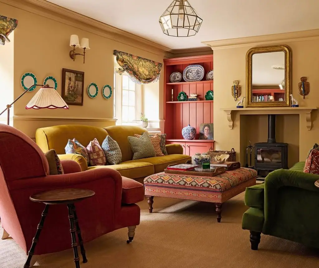 Coral pink living room with bay window and built-ins