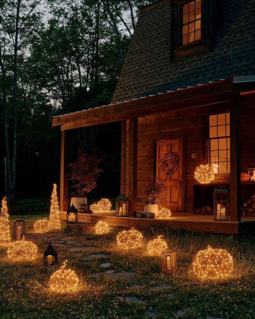 Log cabin with glowing pumpkin lights outdoor