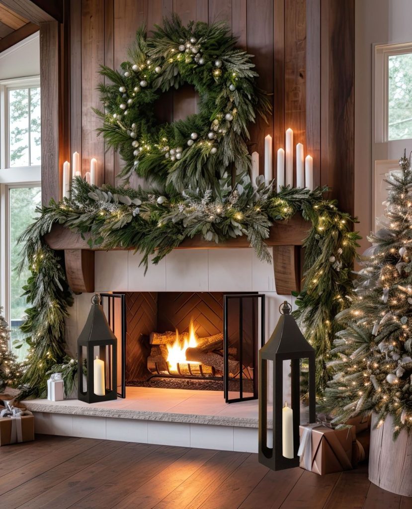 Rustic wooden fireplace with evergreen garlands silver ornaments candles and natural elements