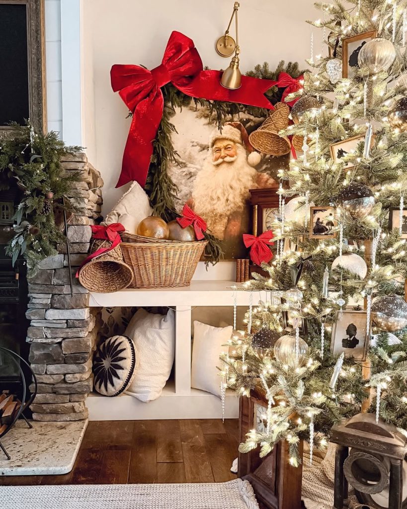 Farmhouse living room with Santa mantel display and decorated Christmas tree