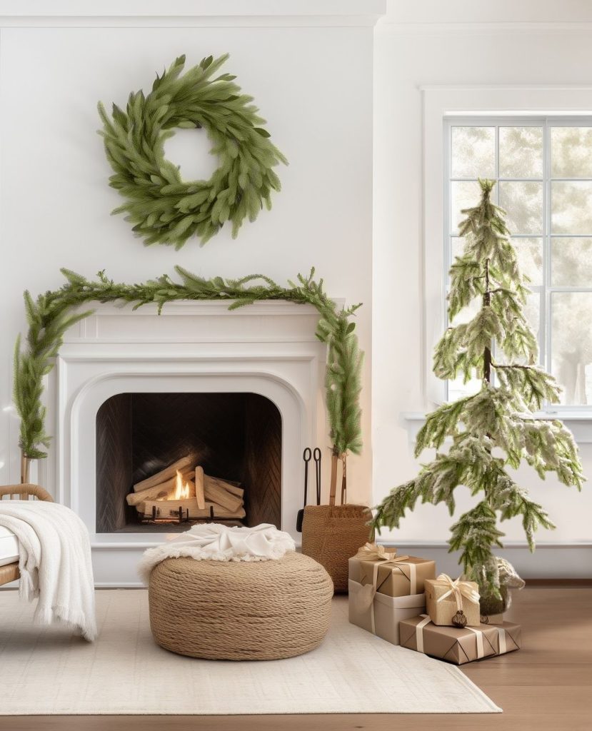 Minimalist Christmas fireplace with sage green wreath garland and natural decorative elements