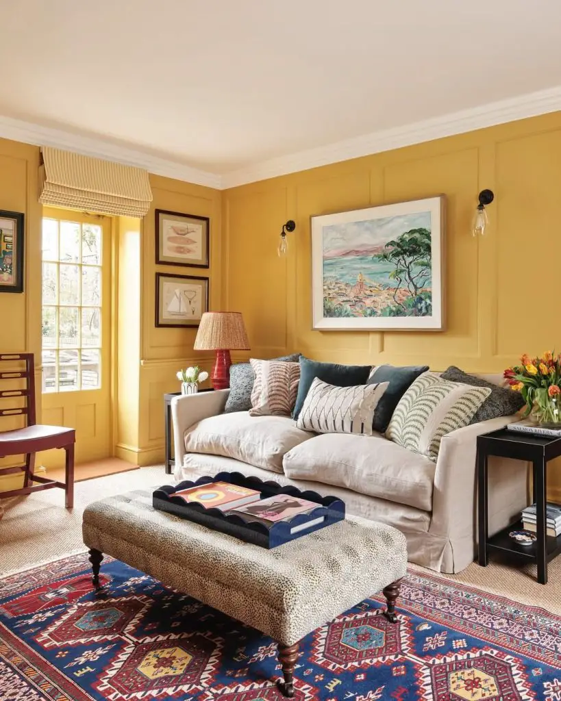 Olive green living room with yellow window seat
