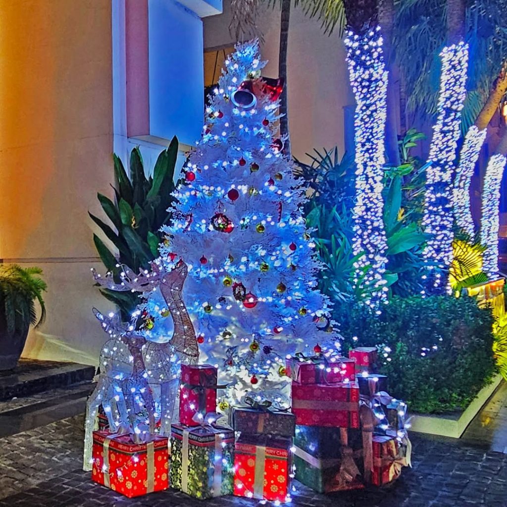 Blue Christmas tree surrounded by tropical plants and gifts