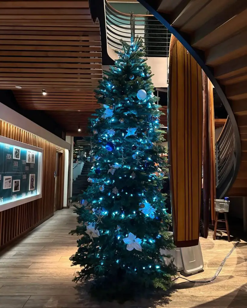 Blue lit Christmas tree in modern restaurant interior