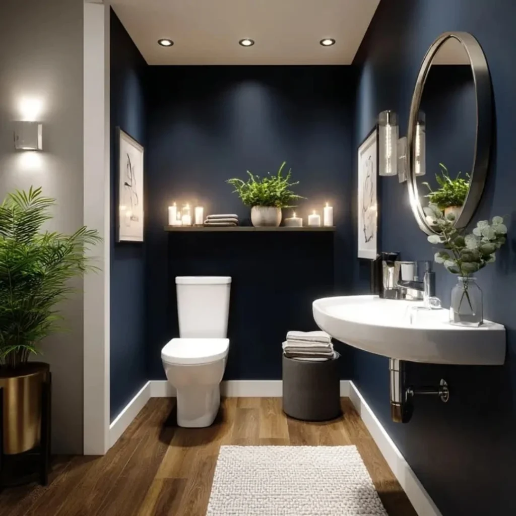 Dark blue powder room with round mirror and candle lighting