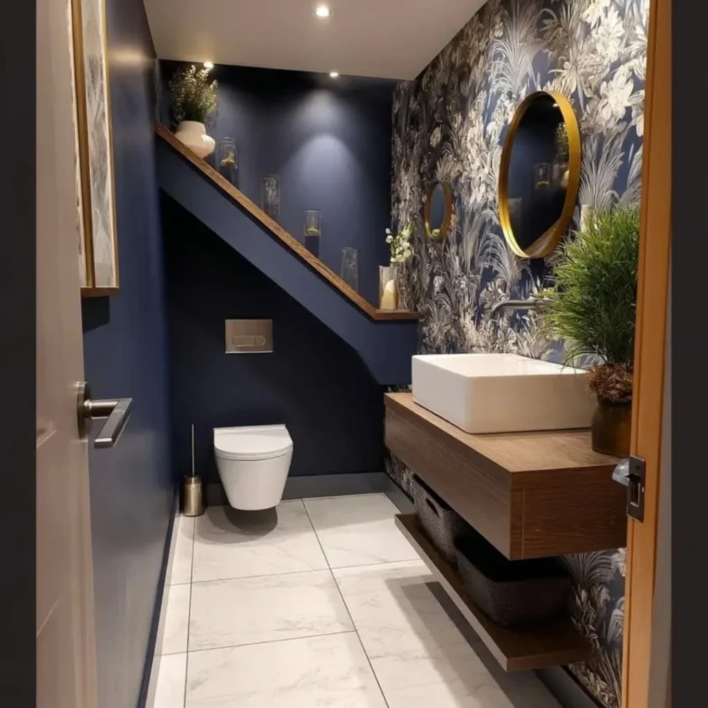 Blue under-stairs powder room with botanical wallpaper and plants