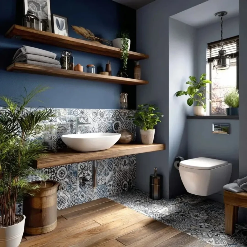 Blue bathroom with mixed patterns and wooden floating vanity