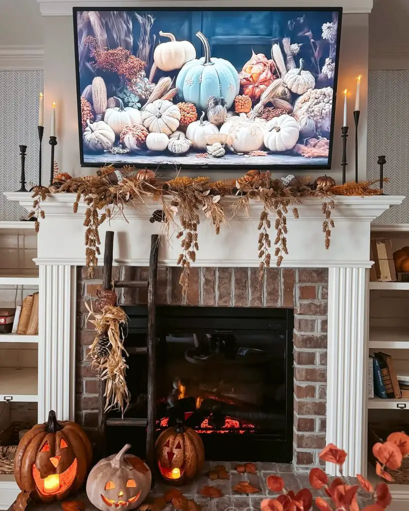 Modern fireplace entertainment center with fall themed TV display and pumpkin decorations
