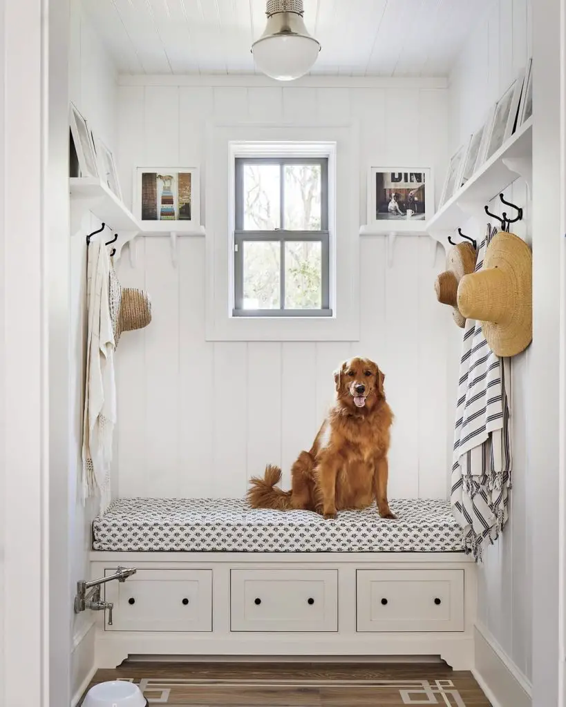 White paneled mudroom with built-in bench, individual hooks, and natural lighting