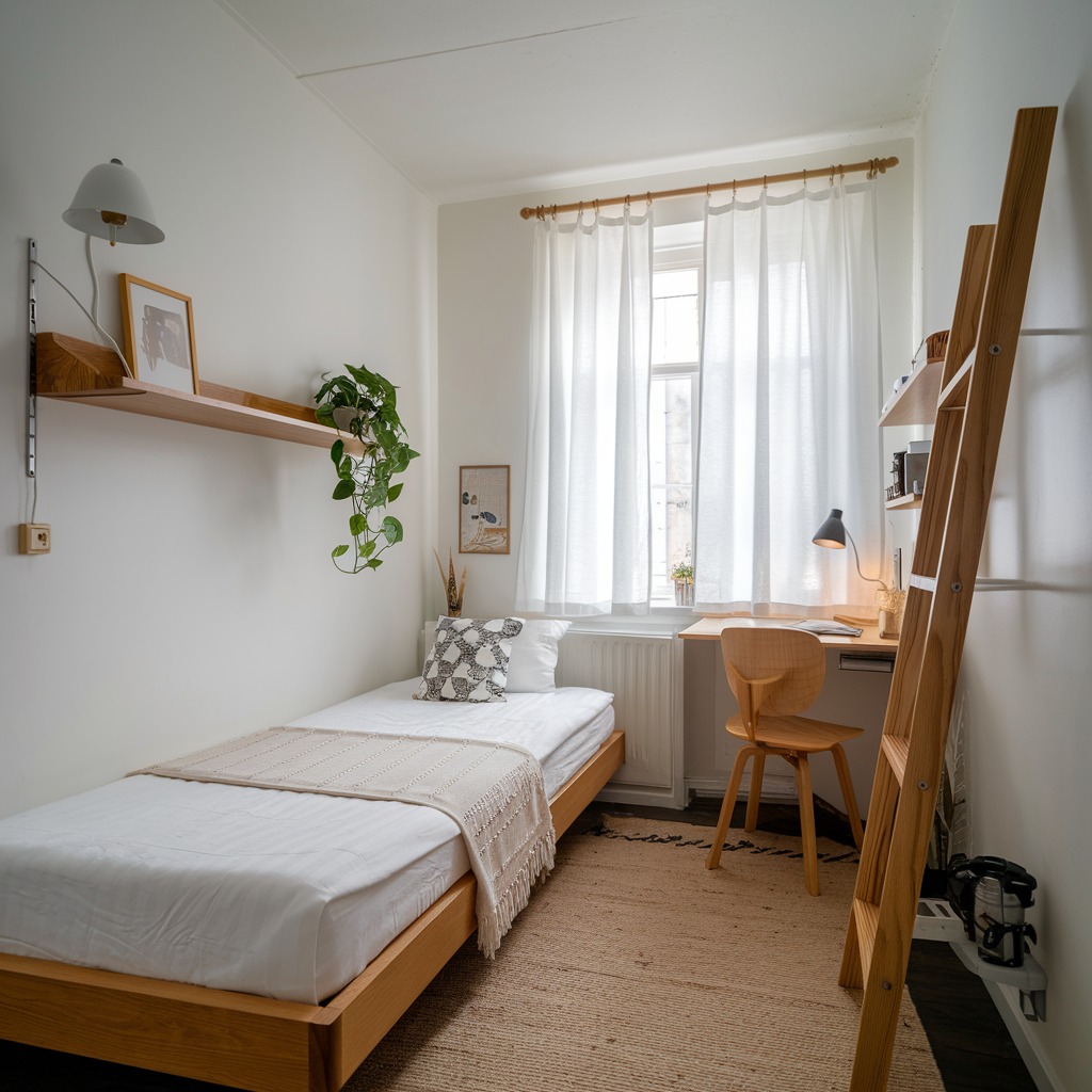 Scandinavian bedroom with natural wood and white curtains