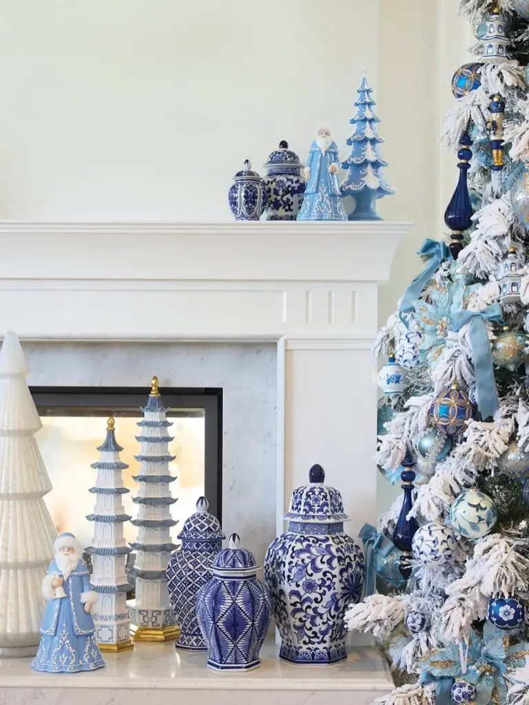 Blue white Christmas mantel decor with ceramic vases ornaments