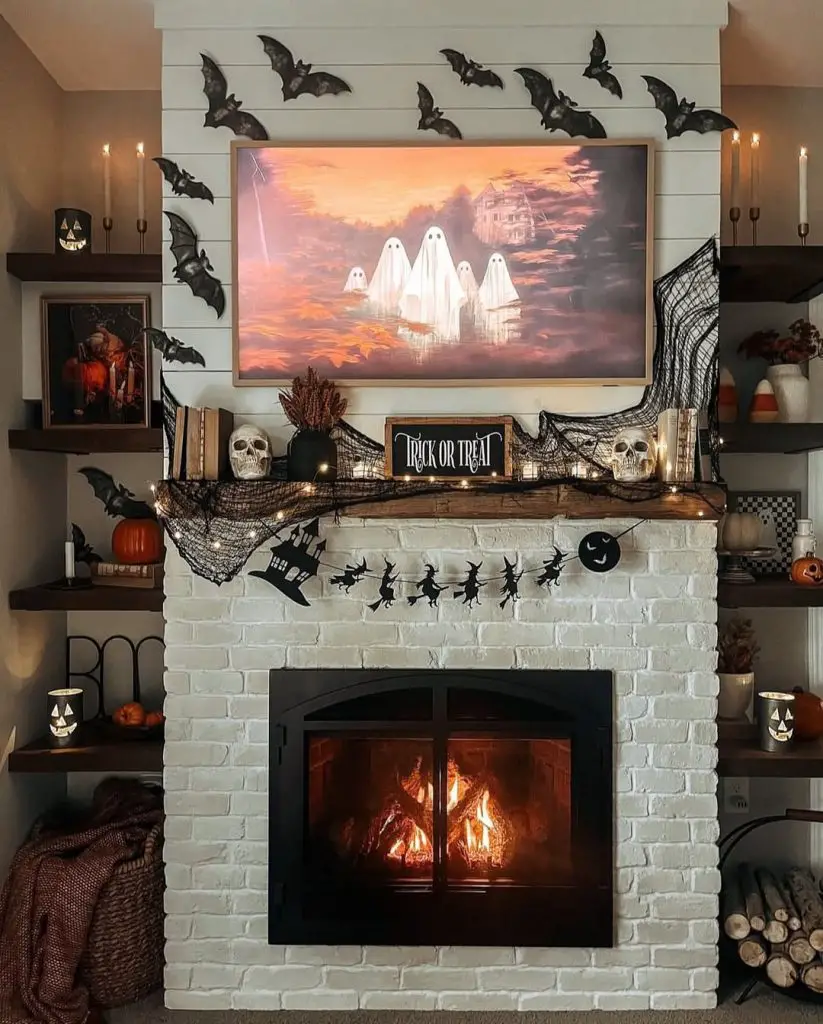 Rustic Halloween living room with bats ghosts pumpkins and spooky mantel display