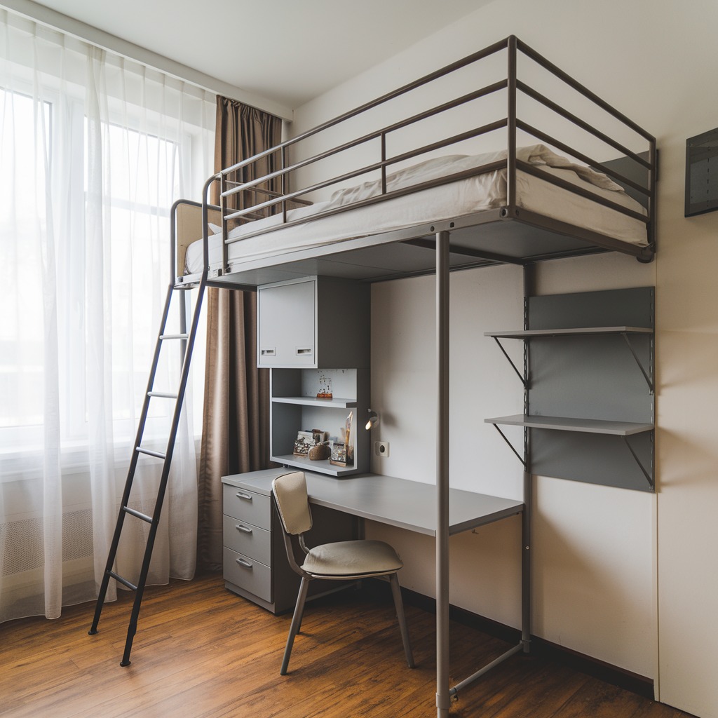 Metal loft bed with built-in desk area