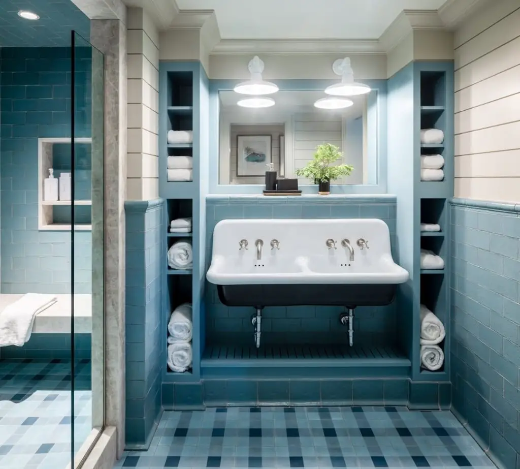Blue tiled bathroom with built-in storage