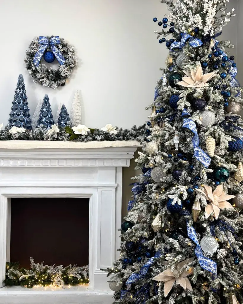 Blue silver Christmas tree with matching mantel decorations