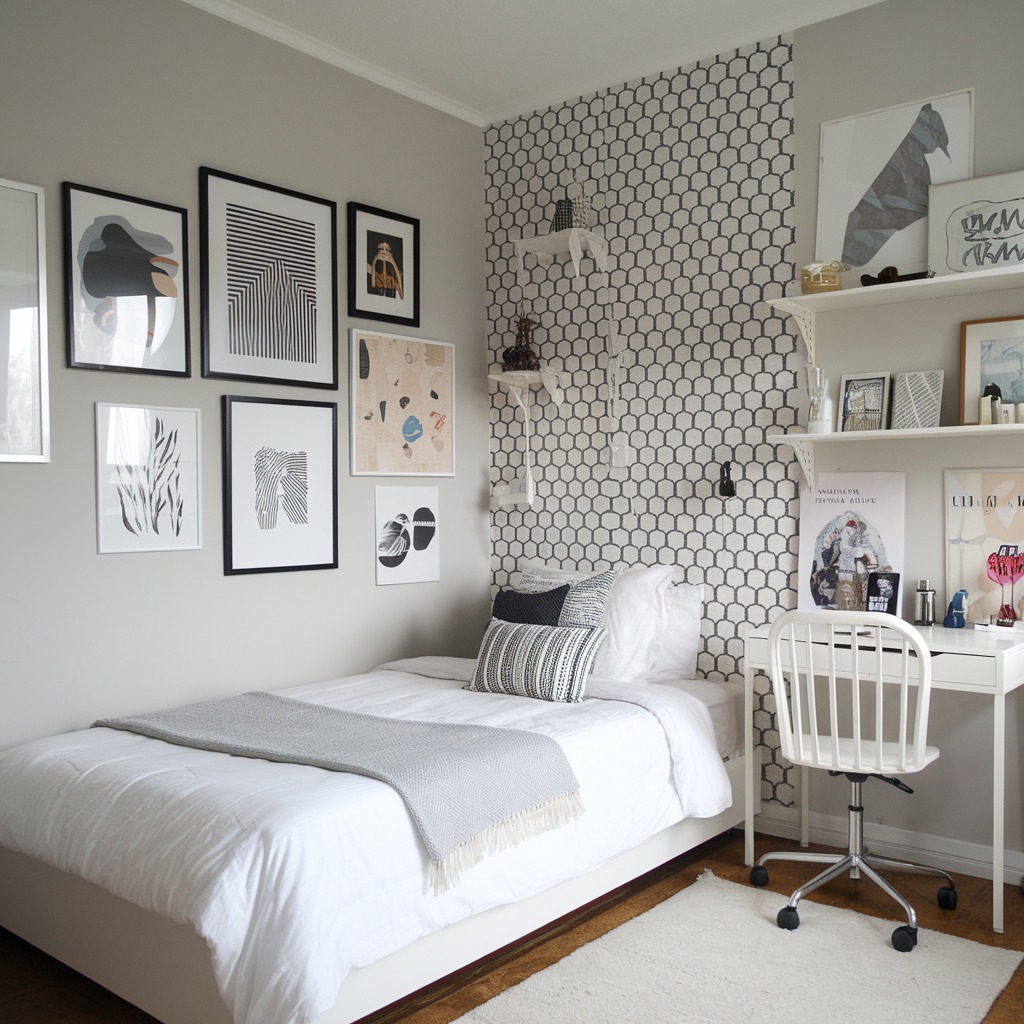 Bedroom with gallery wall and geometric wallpaper