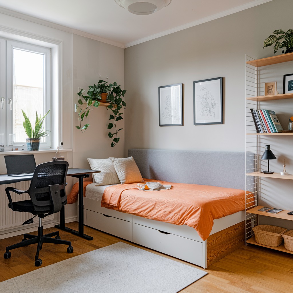 Daybed with orange bedding and modular shelving