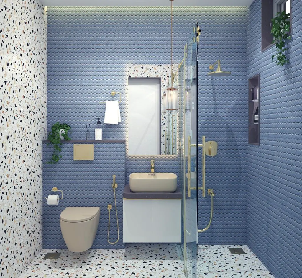 Blue textured tile bathroom with glass shower enclosure