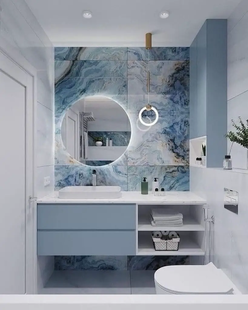 Blue bathroom with natural stone accent wall