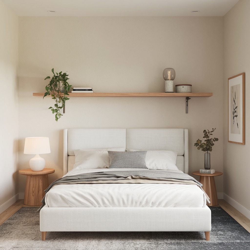 Minimalist bedroom with floating shelf and plants